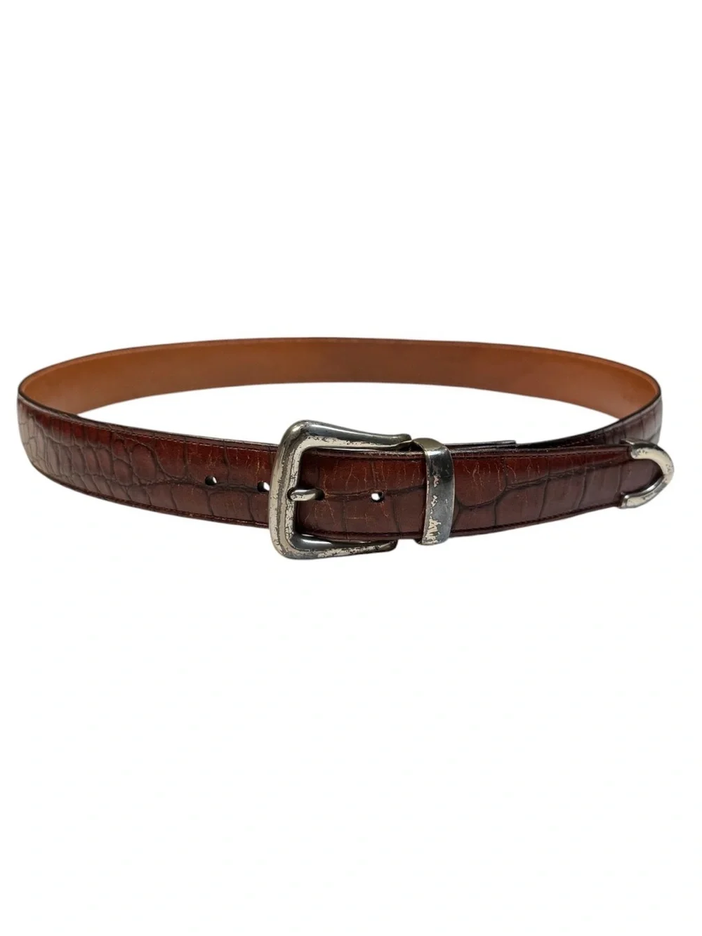 Talbots Mens Brown Croc Embossed Leather Men's Western Belt Silver Buckle USA 32